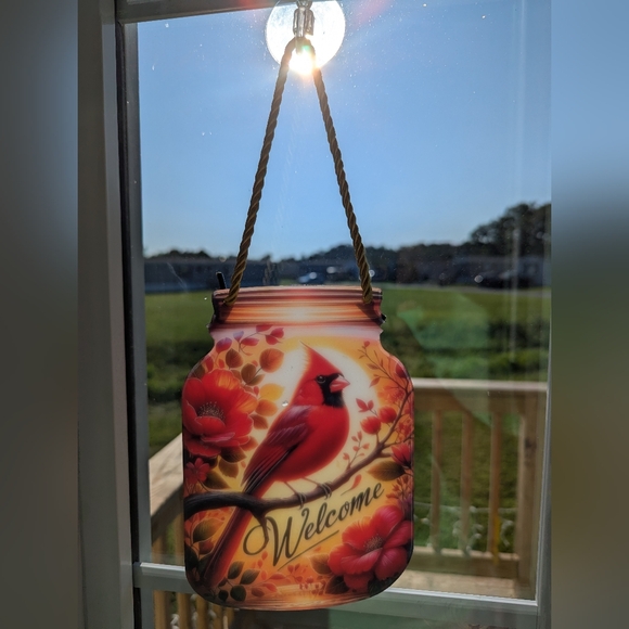 2D Mason Jar "Welcome" Cardinal Suncatchers 6.5" x 5" - Picture 2 of 7